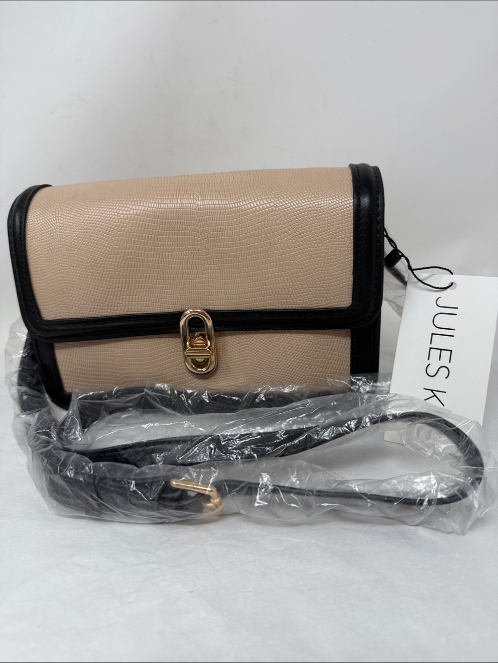 Jules Kae Beige Black Lizard Vegan Crossbody Hand Bag Structured Quiet Luxury